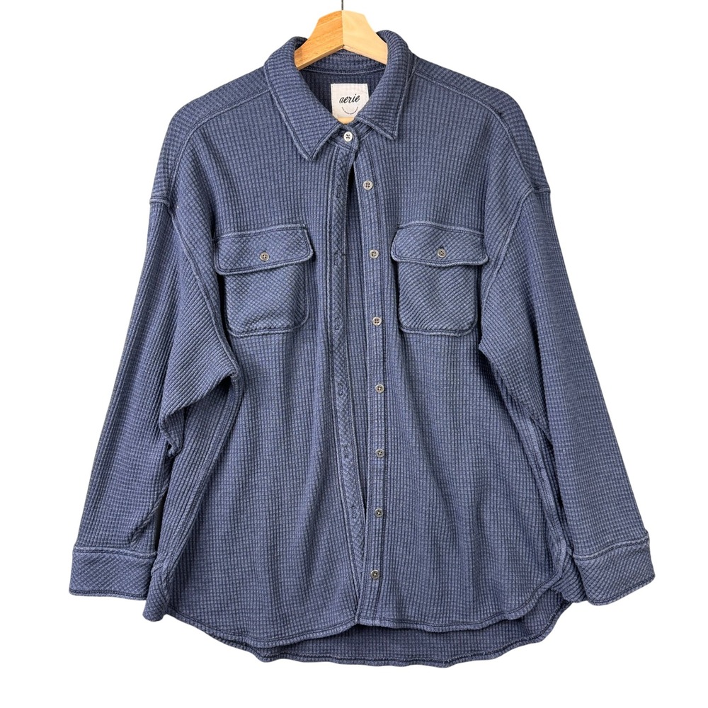 Aerie Blue Lumberjack Waffle Knit Oversized Button Up Shirt Shacket XS 02707